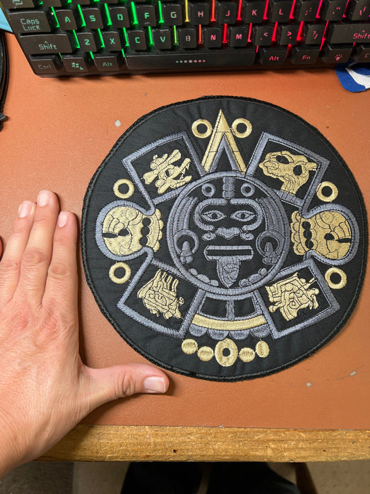 Aztec Calendar Tonatiuh Patch, gold/gray on black, iron on patches, 9.5" diameter, back patch Mexica Mexico (#8)