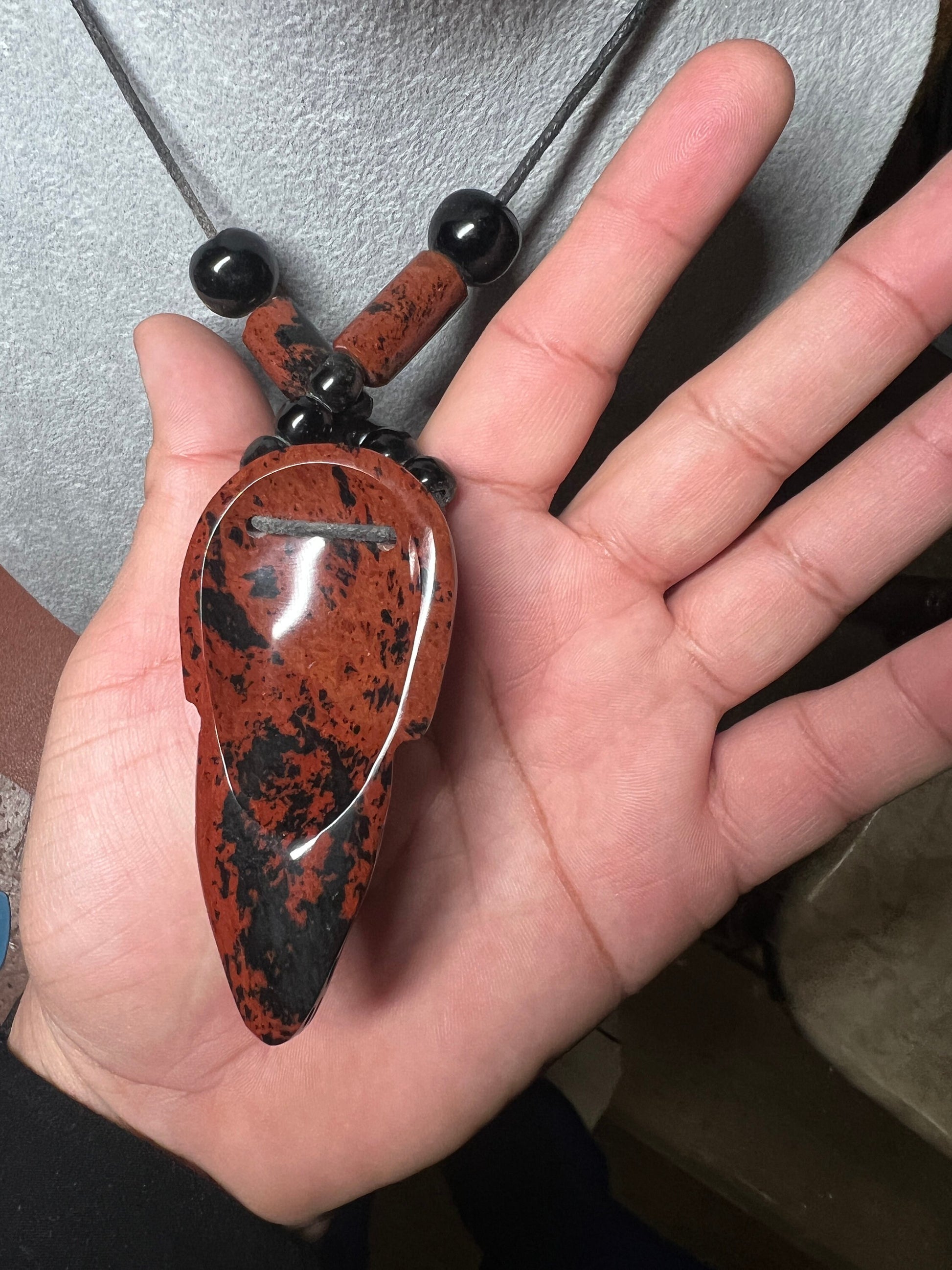 Mahogany Obsidian Mictlantecuitli Skull Necklace, obsidian beads, 23" long, Aztec, Mexican, Ancient, Pagan Deity, ethnic jewelry (#C)