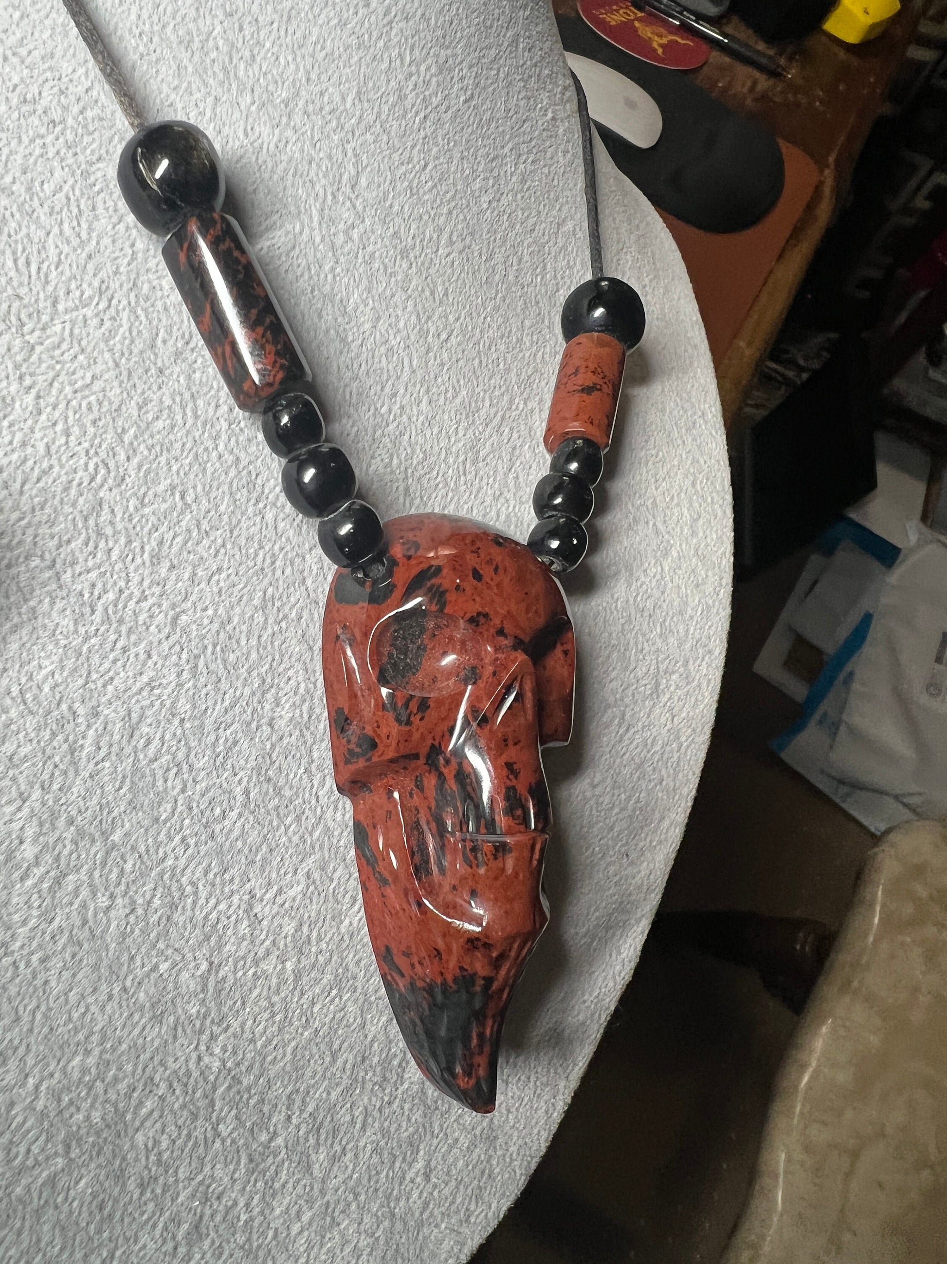 Mahogany Obsidian Mictlantecuitli Skull Necklace, obsidian beads, 23" long, Aztec, Mexican, Ancient, Pagan Deity, ethnic jewelry (#C)