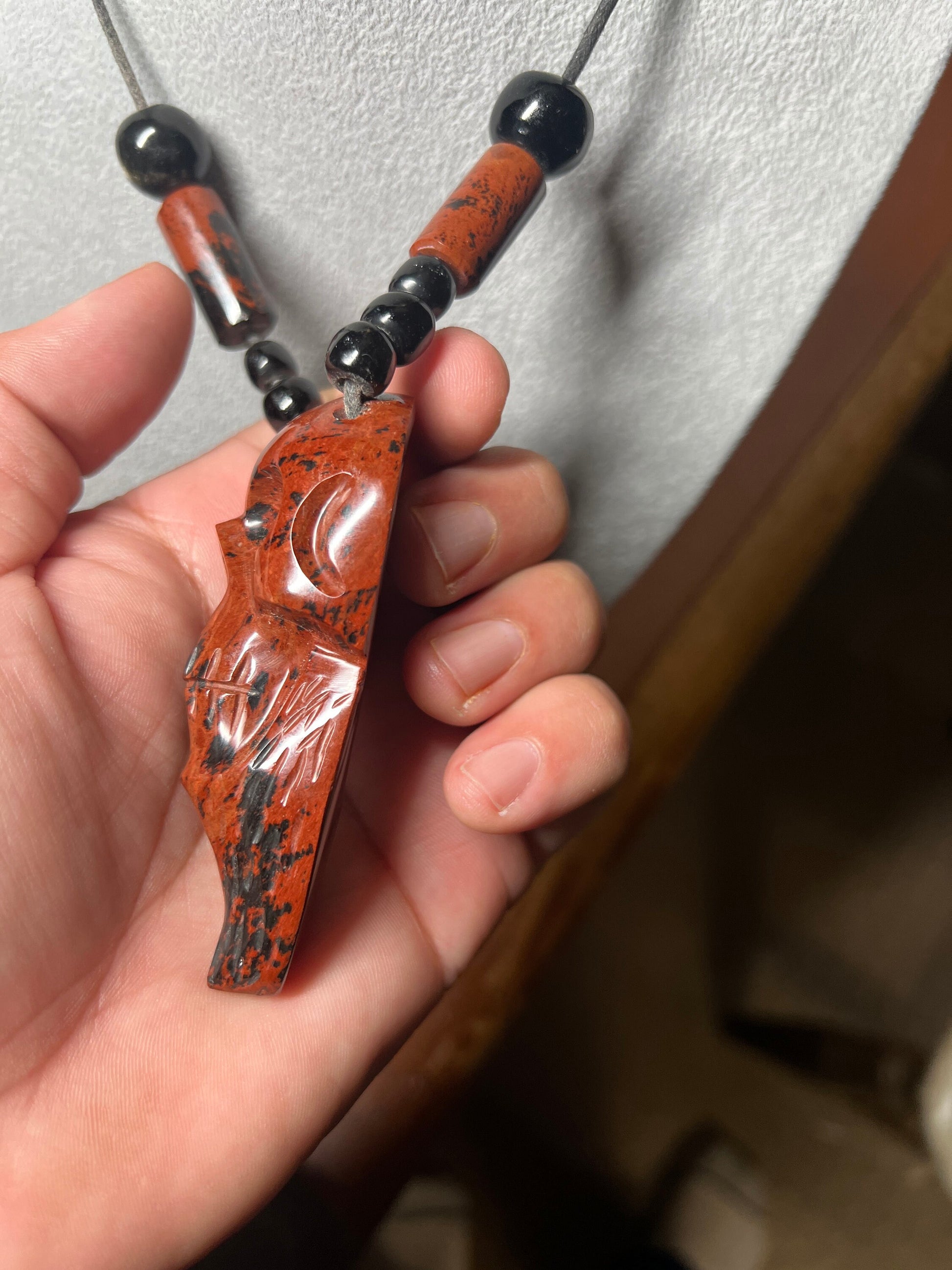 Mahogany Obsidian Mictlantecuitli Skull Necklace, obsidian beads, 23" long, Aztec, Mexican, Ancient, Pagan Deity, ethnic jewelry (#C)