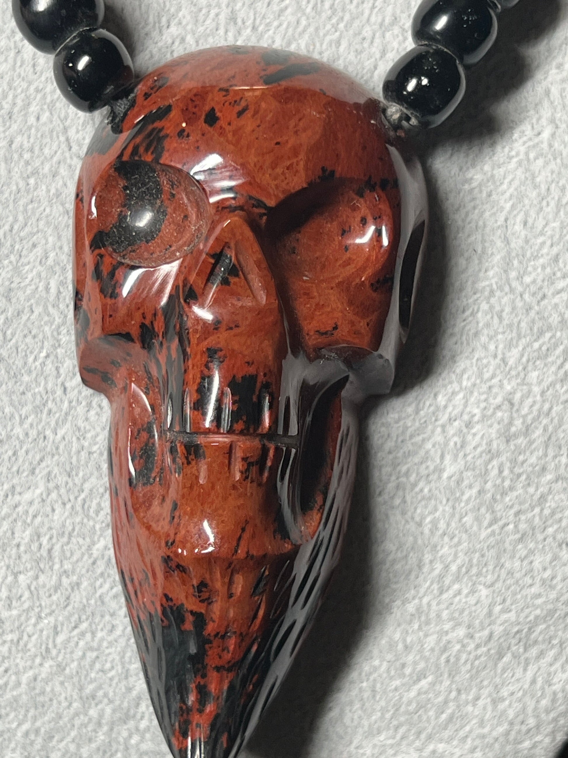 Mahogany Obsidian Mictlantecuitli Skull Necklace, obsidian beads, 23" long, Aztec, Mexican, Ancient, Pagan Deity, ethnic jewelry (#C)