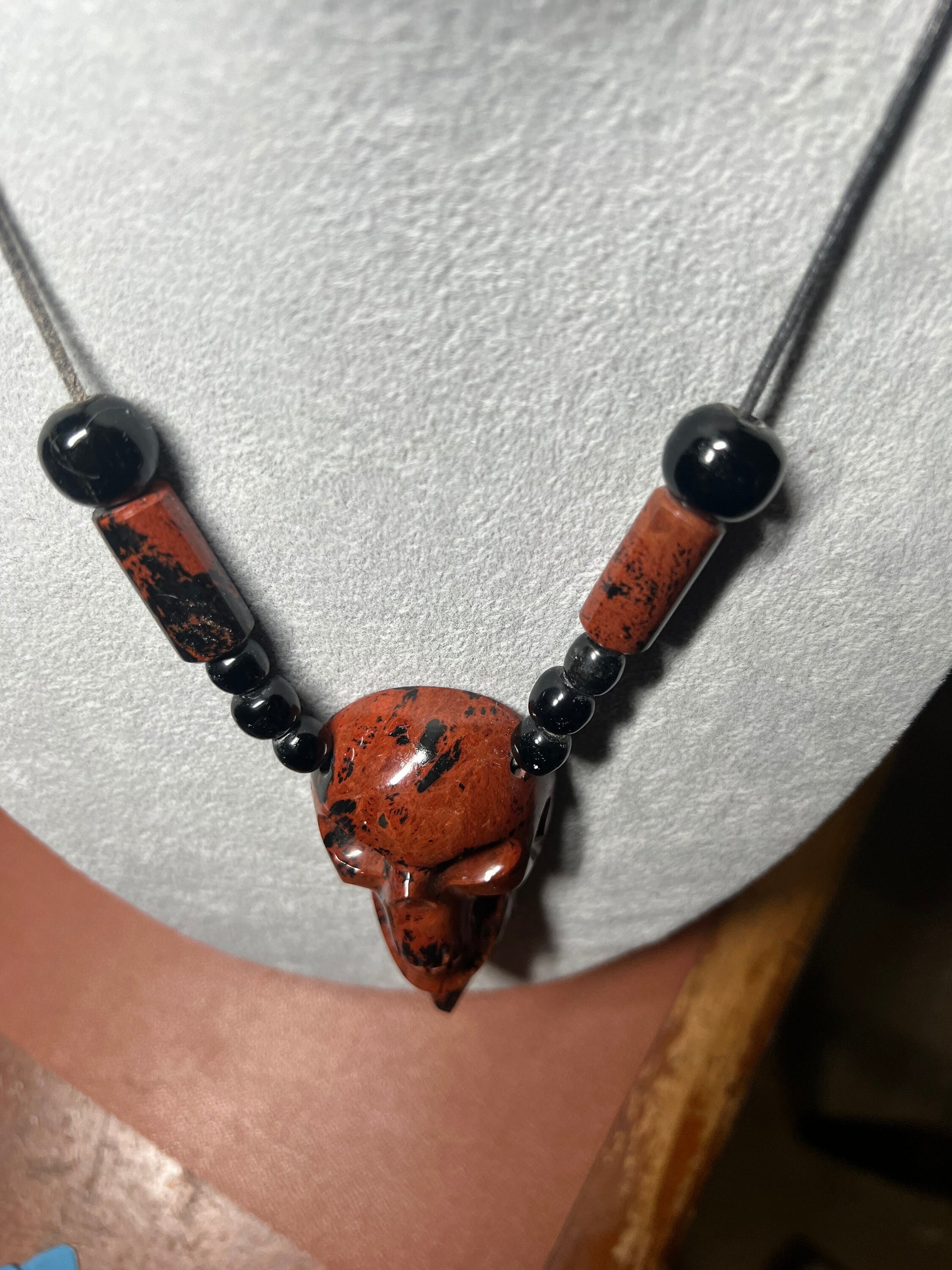 Mahogany Obsidian Mictlantecuitli Skull Necklace, obsidian beads, 23" long, Aztec, Mexican, Ancient, Pagan Deity, ethnic jewelry (#C)