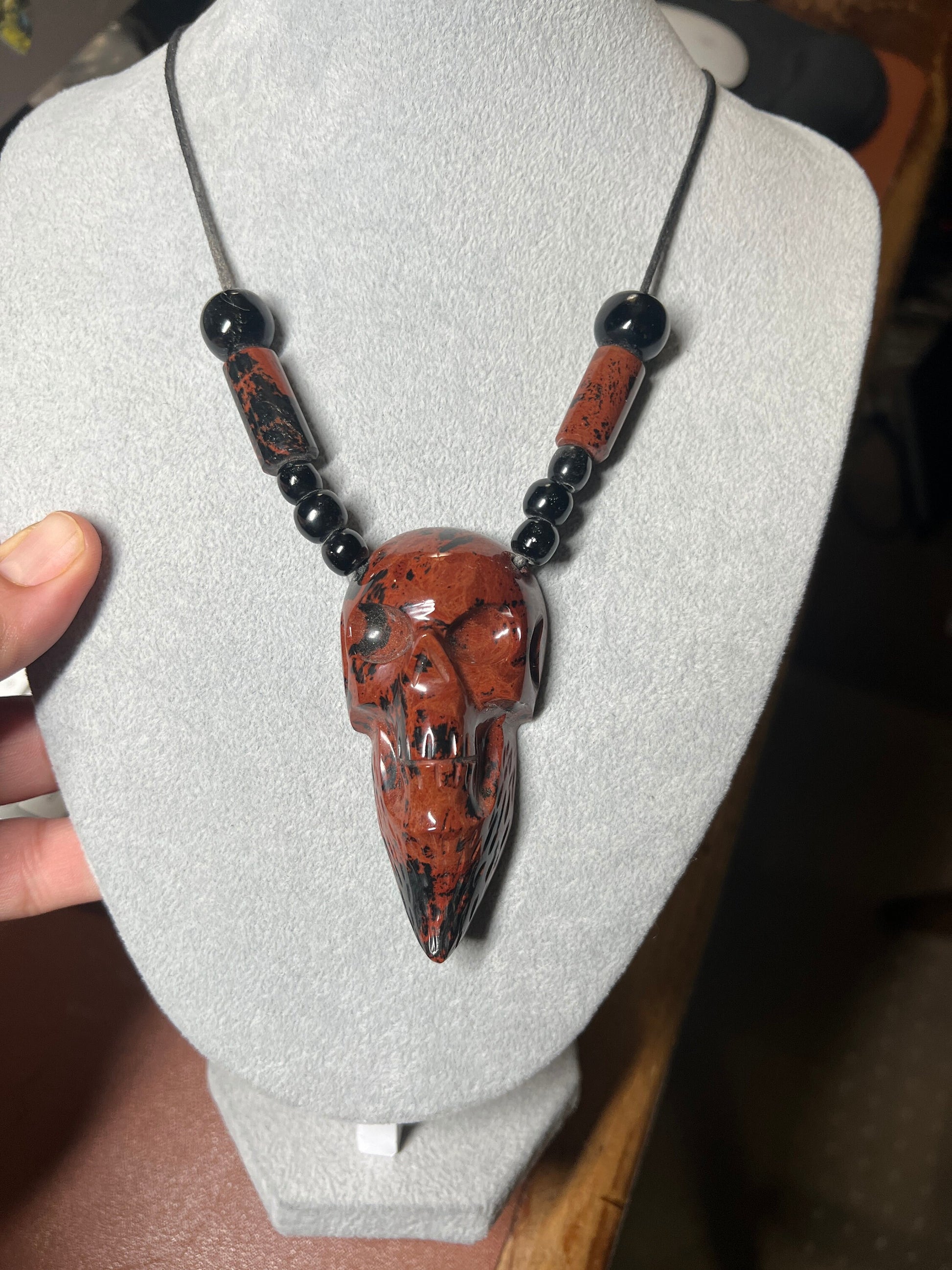 Mahogany Obsidian Mictlantecuitli Skull Necklace, obsidian beads, 23" long, Aztec, Mexican, Ancient, Pagan Deity, ethnic jewelry (#C)