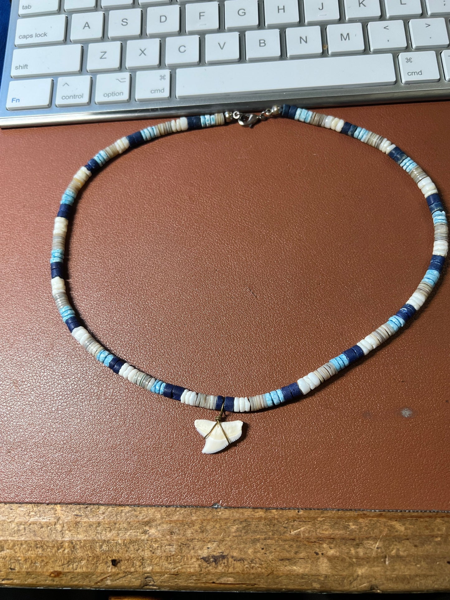 Vintage Heishi Beaded Necklace with Shark Tooth, 18" (#9)