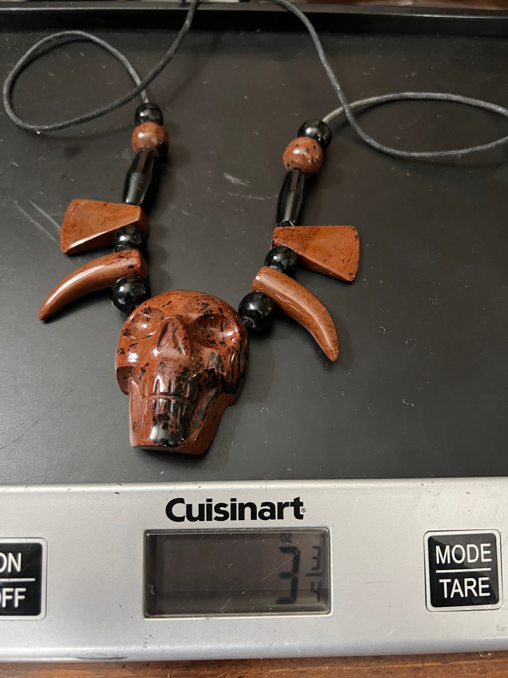 Tribal Skull Necklace made of Mahogany Obsidian and Black Obsidian, 30" from Mexico (#B)