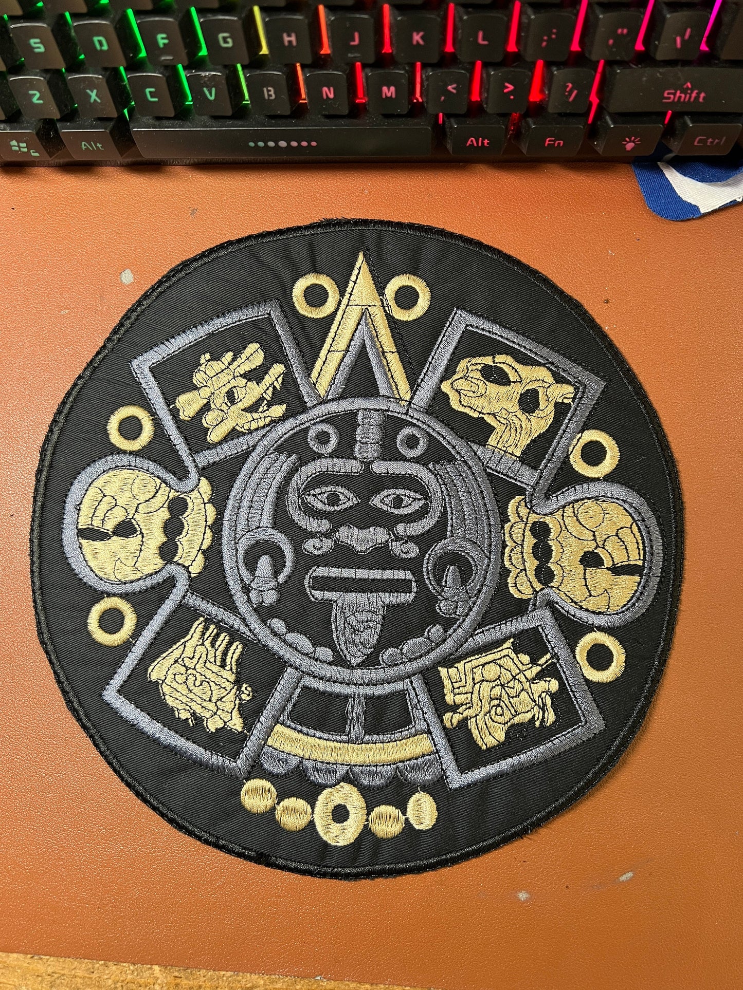 Aztec Calendar Tonatiuh Patch, gold/gray on black, iron on patches, 9.5" diameter, back patch Mexica Mexico (#8)