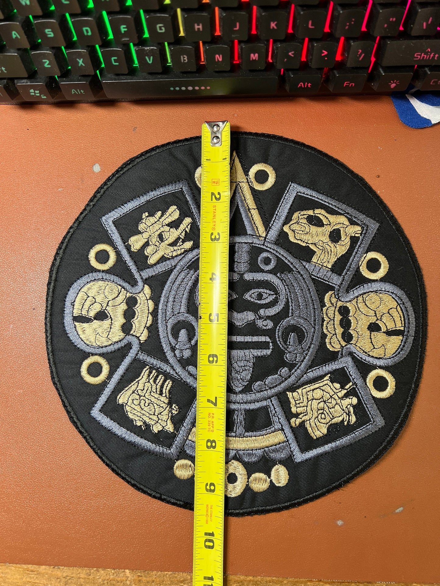 Aztec Calendar Tonatiuh Patch, gold/gray on black, iron on patches, 9.5" diameter, back patch Mexica Mexico (#8)