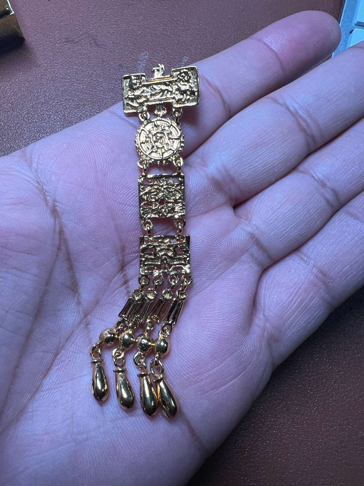 Excellent Rare Vintage Aztec Gold Plated Alloy Pin Brooch, by Salvador Teran for Marbel SA Mexico 1950s (#4)