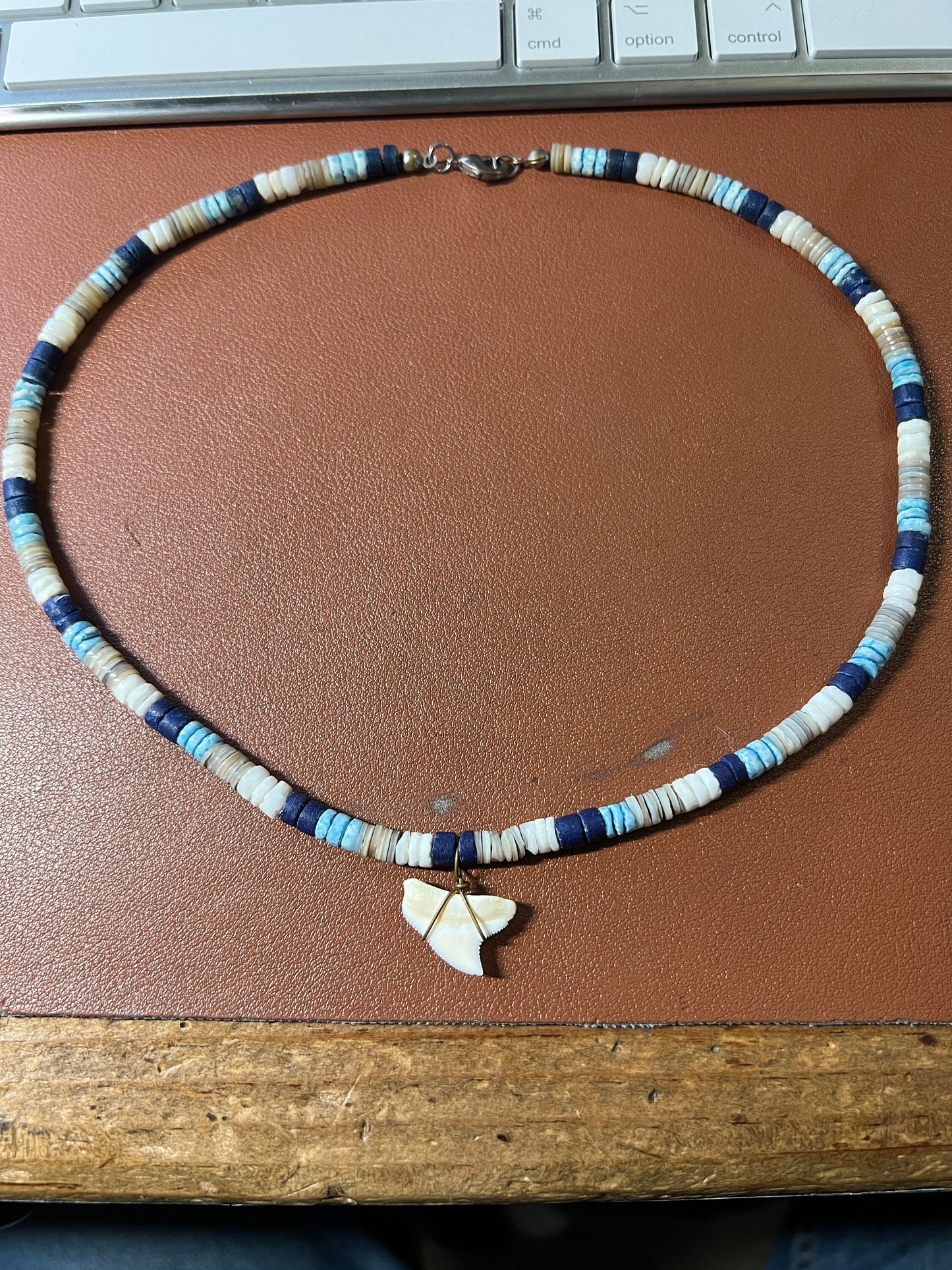 Vintage Heishi Beaded Necklace with Shark Tooth, 18" (#9)