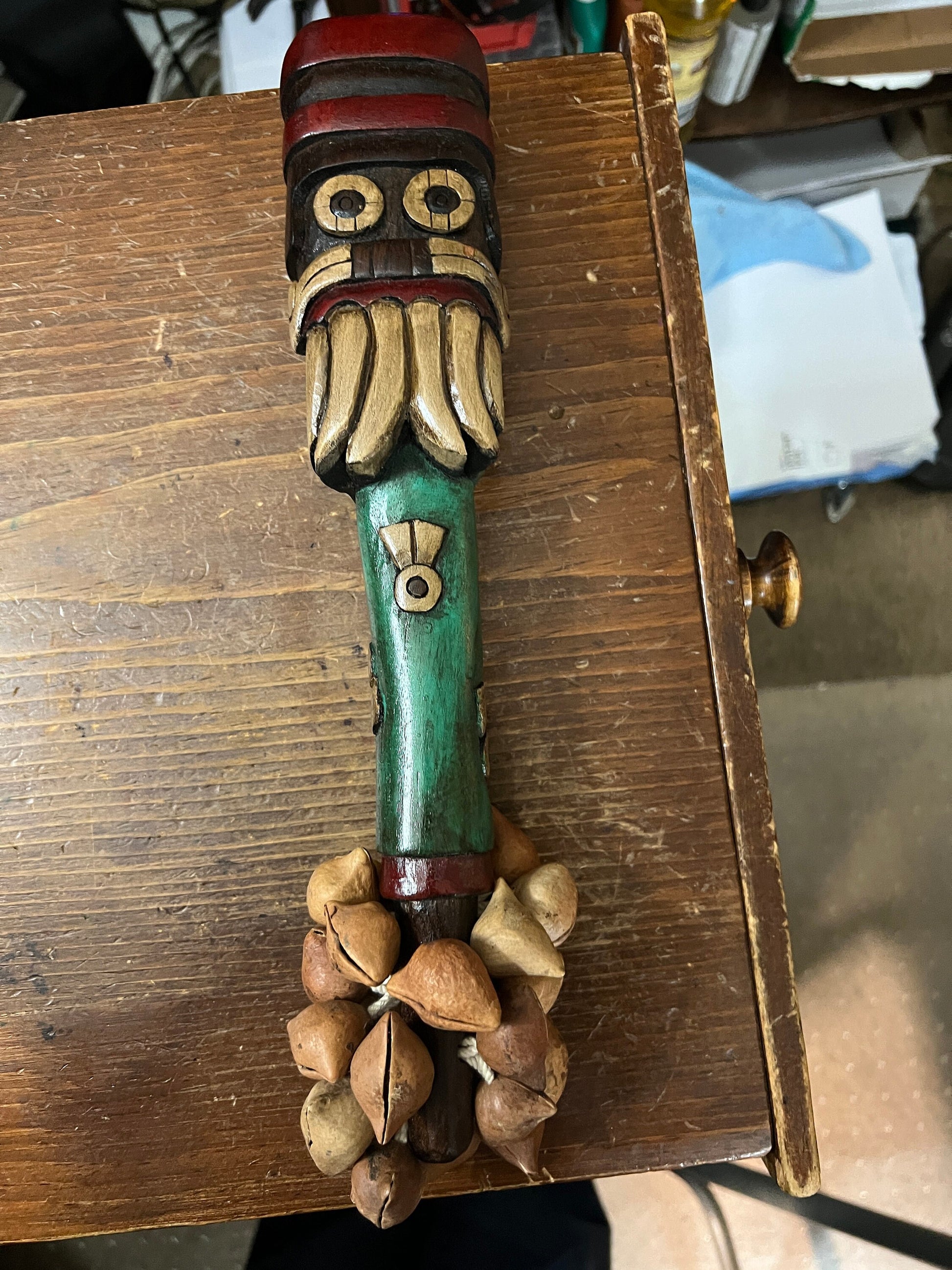 Tlaloc Aztec Dance Rattle, 12", ayoyotes, sonajera, shaker, pagan god, Handmade from Yucatan Mexico