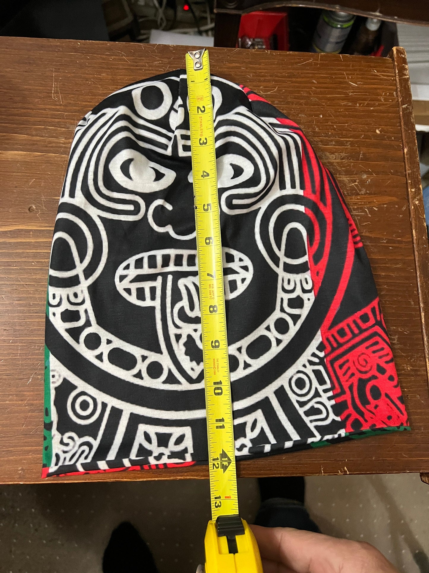Beanie, Aztec Tonatiuh Calendar Face God, Mexican Flag colors, One Adult Size