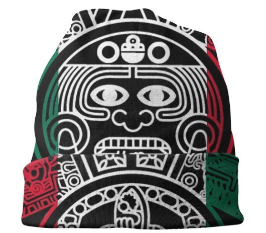 Beanie, Aztec Tonatiuh Calendar Face God, Mexican Flag colors, One Adult Size