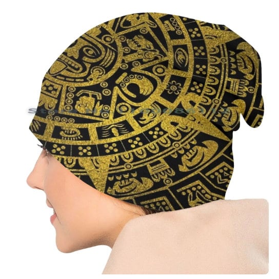 Beanie, Golden Aztec Tonatiuh Calendar Face God, Mexican Flag colors