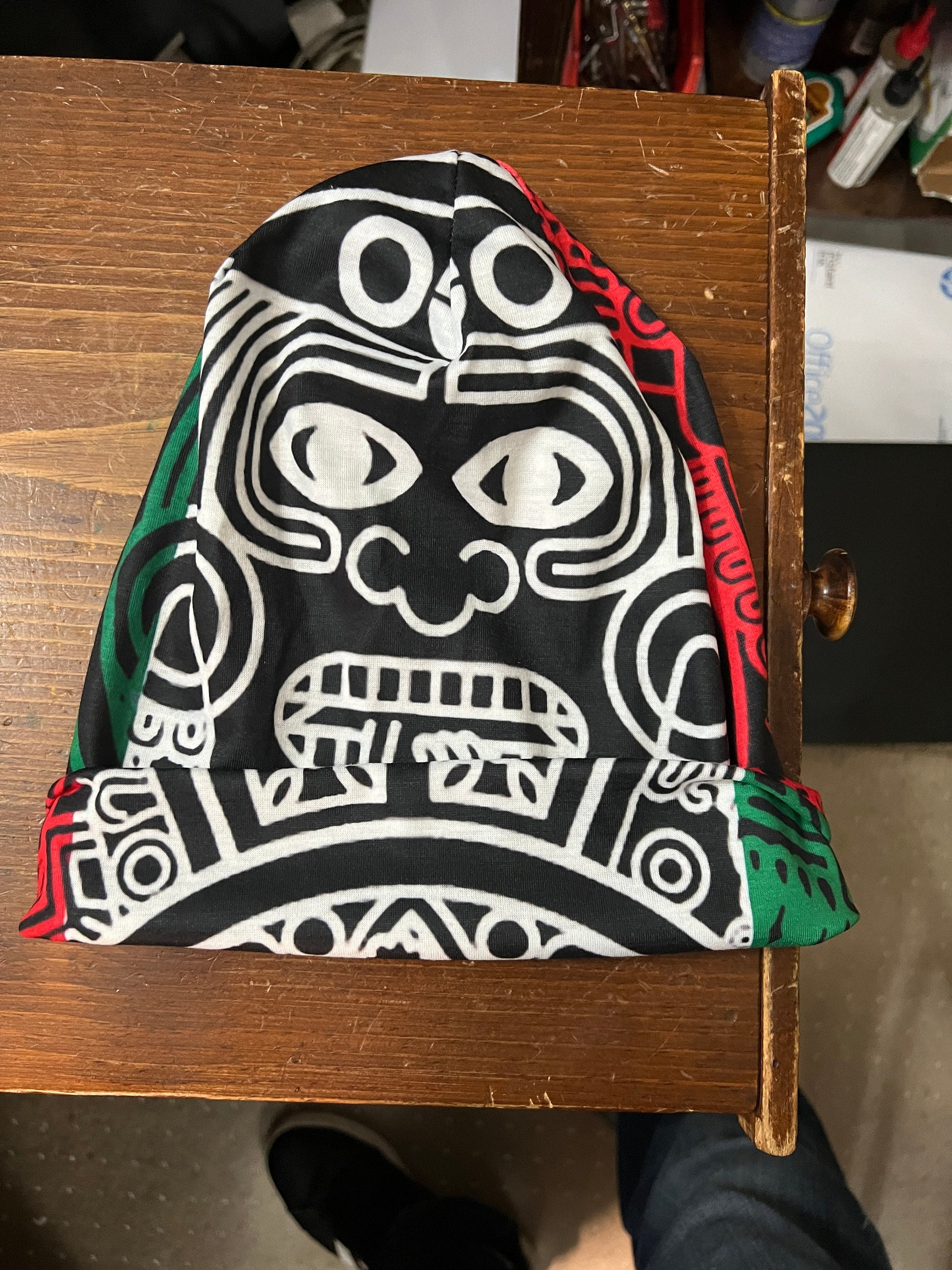 Beanie, Aztec Tonatiuh Calendar Face God, Mexican Flag colors, One Adult Size