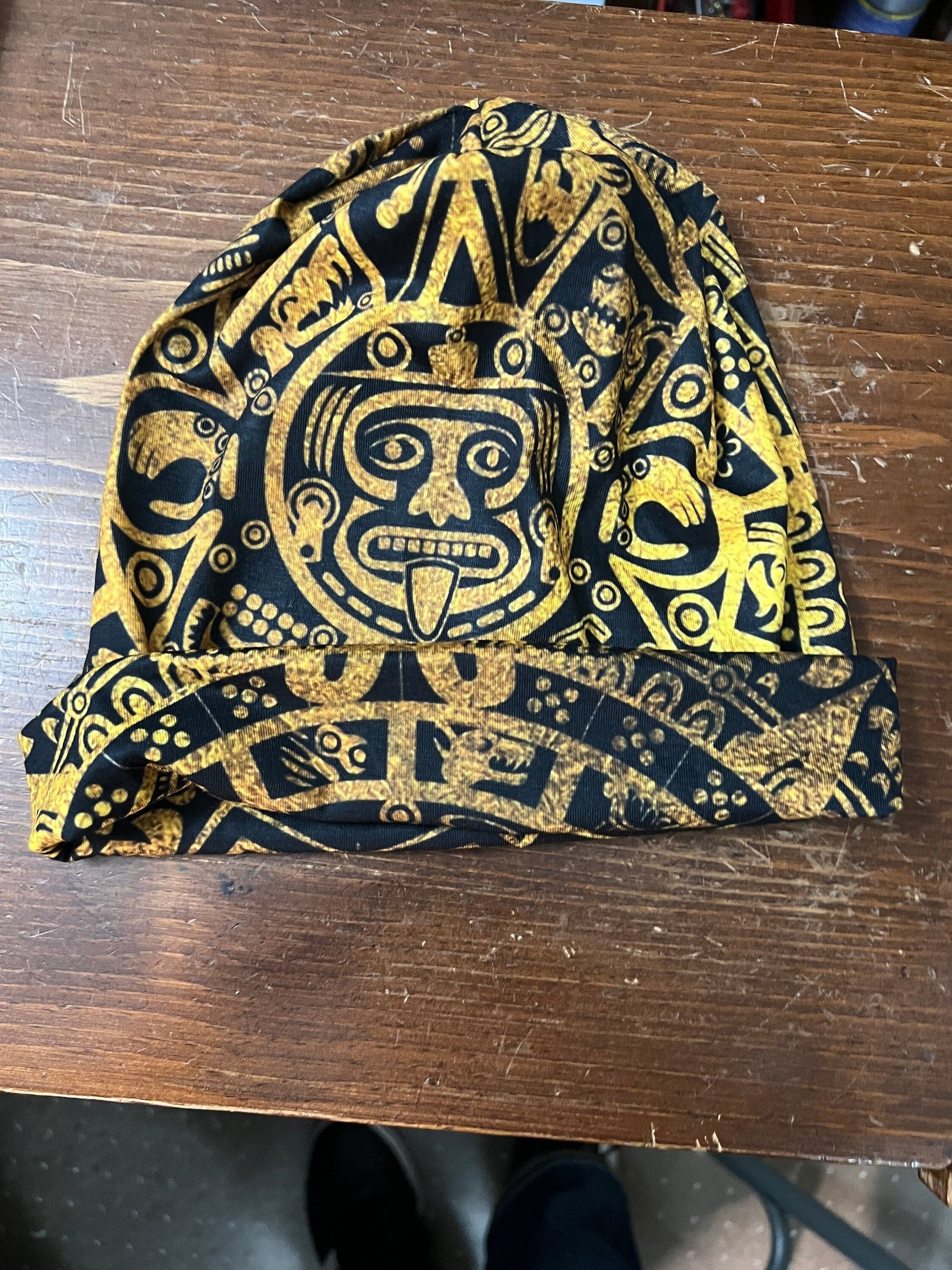 Beanie, Golden Aztec Tonatiuh Calendar Face God, Mexican Flag colors