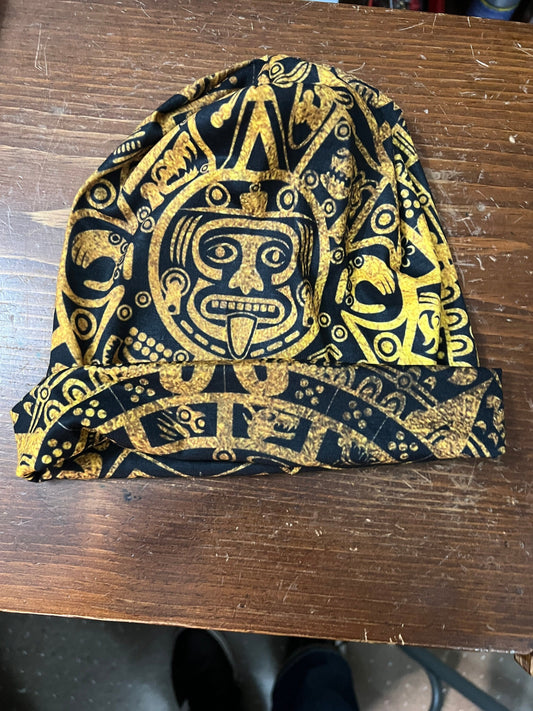 Beanie, Golden Aztec Tonatiuh Calendar Face God, Mexican Flag colors
