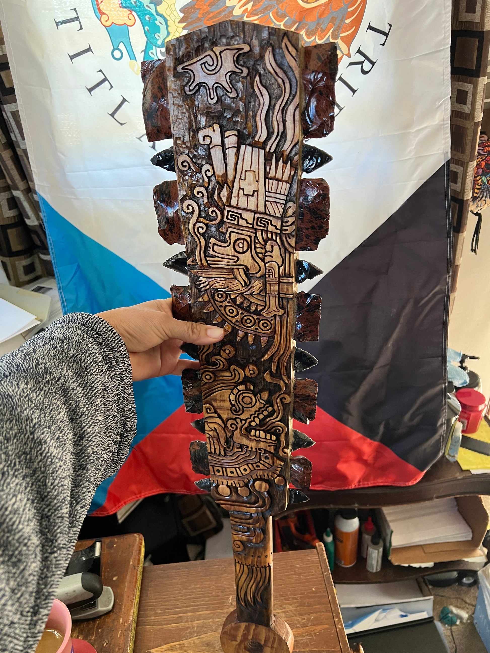 Macuahuitl Azteca Wall Art, feature Quetzalcoatl Ehecatl, Mictlantecuitli, Carved, Obsidian Blades, Hangable Art handmade 80cm