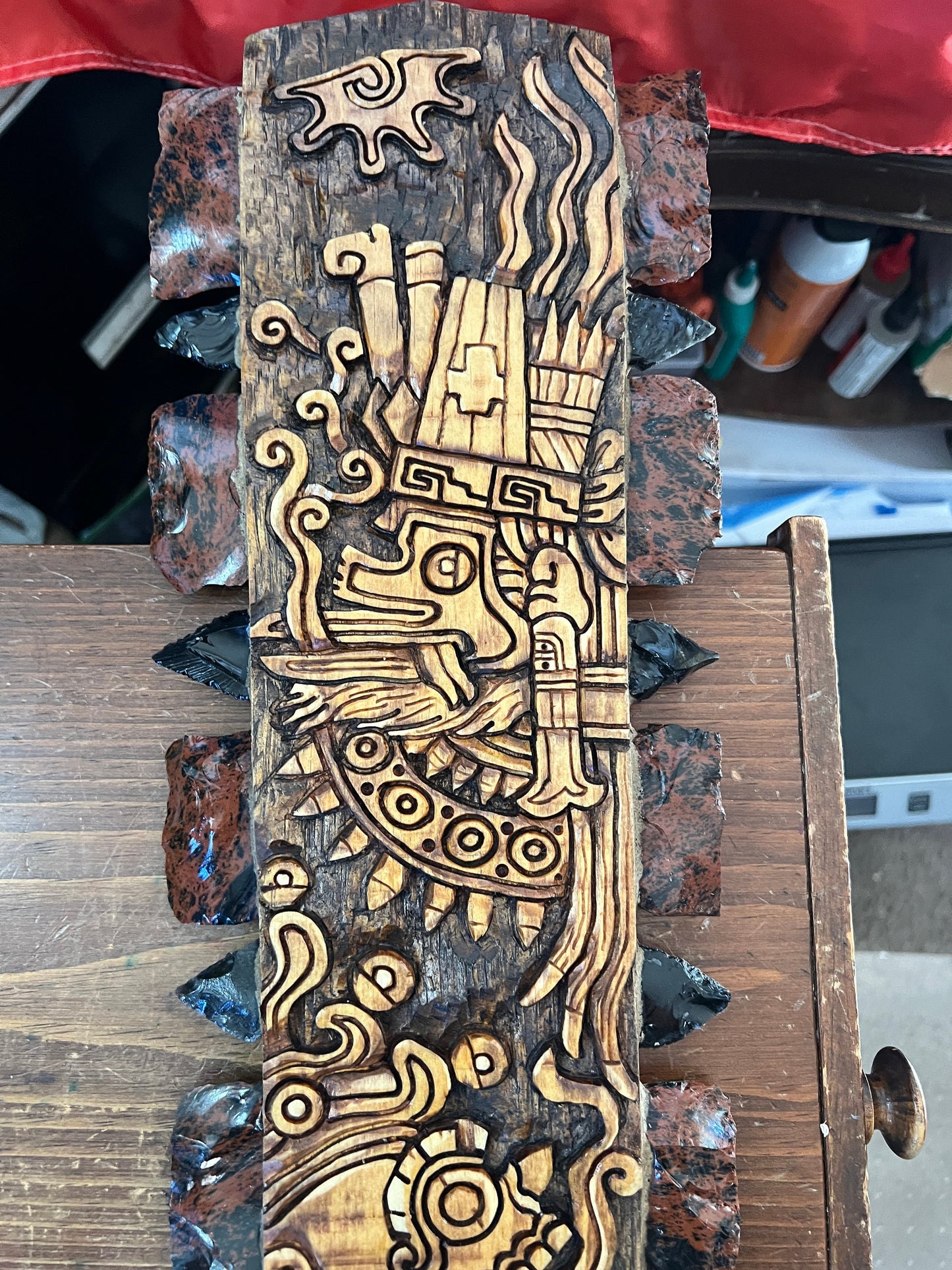 Macuahuitl Azteca Wall Art, feature Quetzalcoatl Ehecatl, Mictlantecuitli, Carved, Obsidian Blades, Hangable Art handmade 80cm