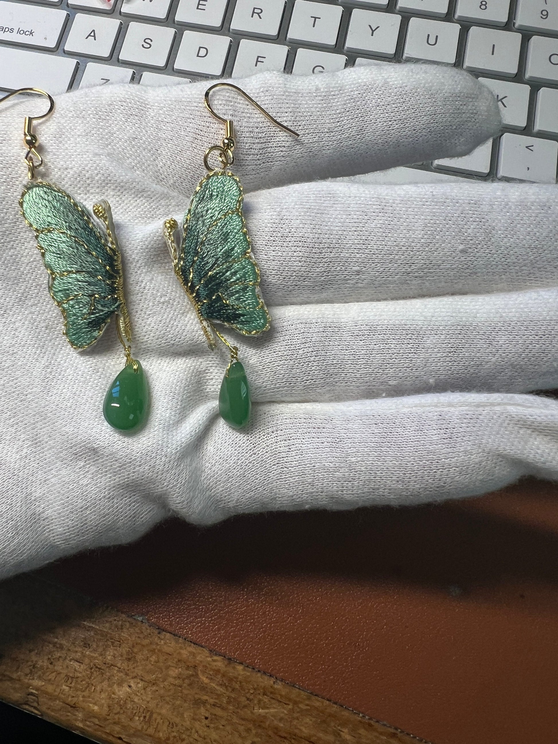 Butterfly Jade and Embroidered Dangle Earrings, 925 sterling silver gold plated (#9)