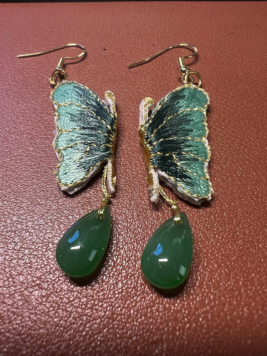 Butterfly Jade and Embroidered Dangle Earrings, 925 sterling silver gold plated (#9)