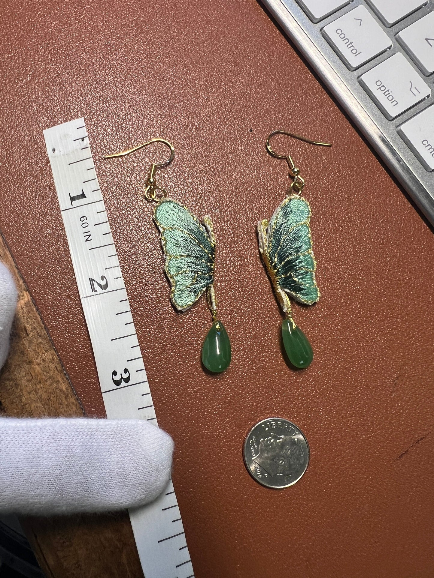 Butterfly Jade and Embroidered Dangle Earrings, 925 sterling silver gold plated (#9)