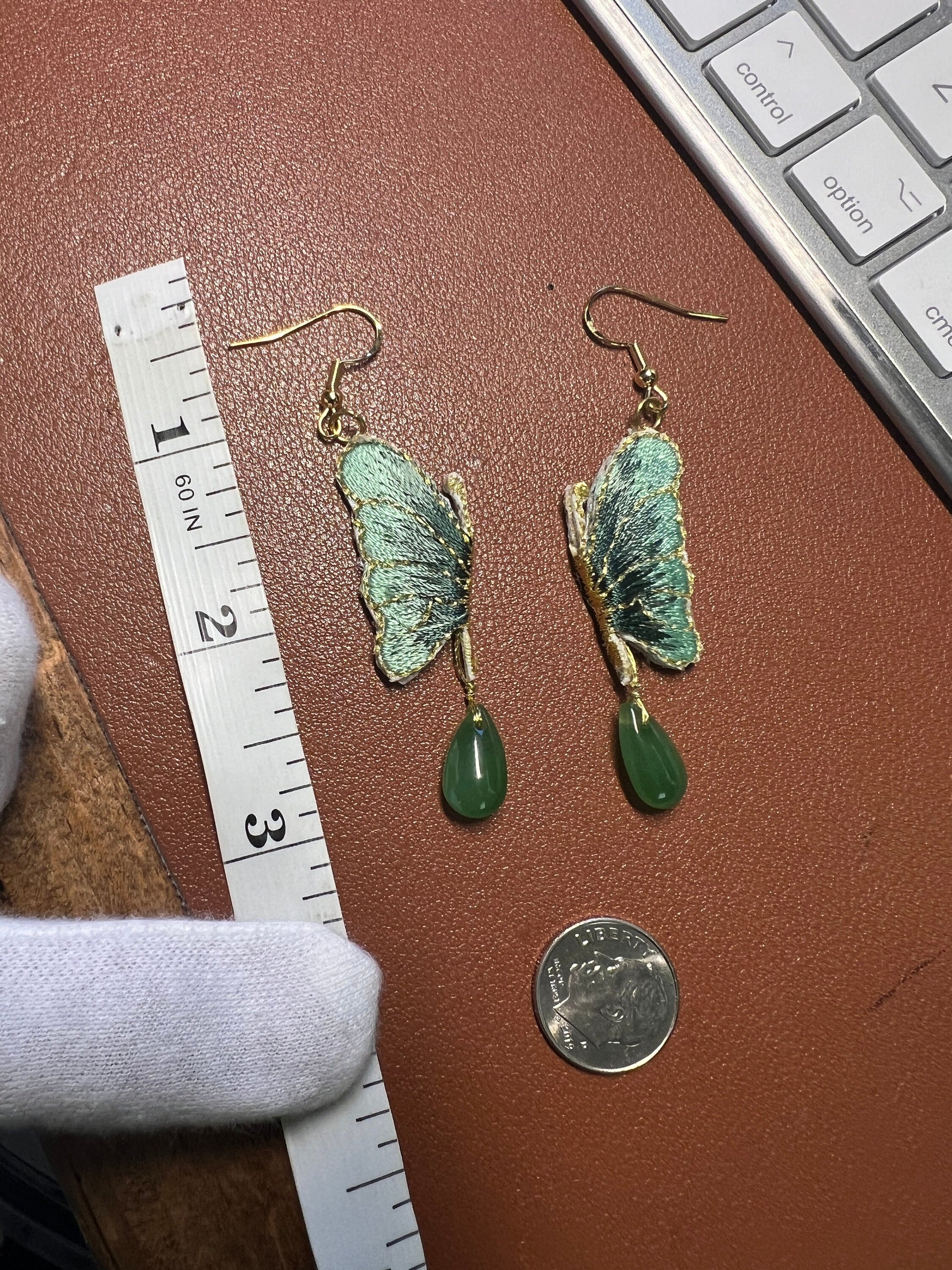 Butterfly Jade and Embroidered Dangle Earrings, 925 sterling silver gold plated (#9)