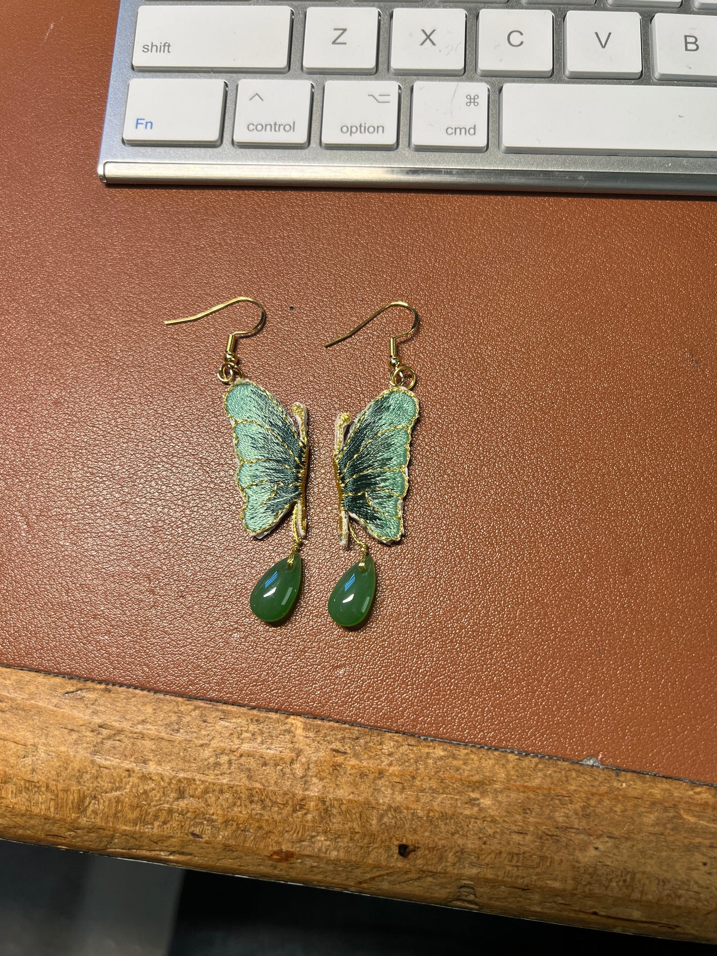 Butterfly Jade and Embroidered Dangle Earrings, 925 sterling silver gold plated (#9)