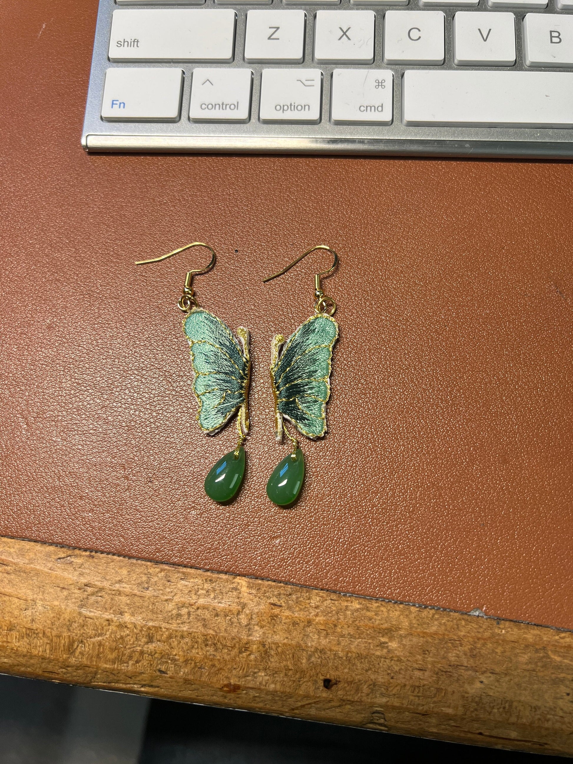 Butterfly Jade and Embroidered Dangle Earrings, 925 sterling silver gold plated (#9)