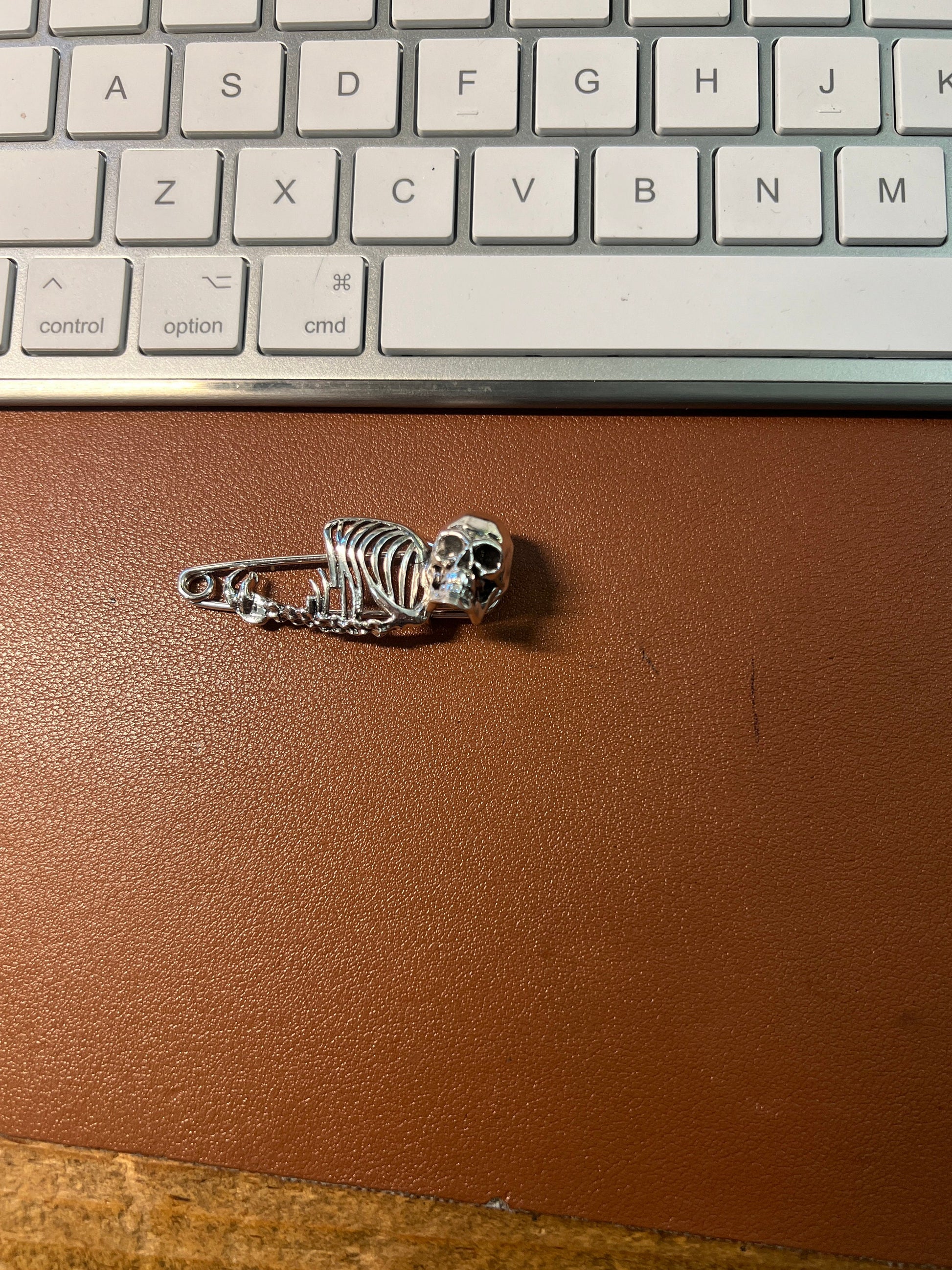 Skeleton Pin, Skull, Chrome, Safety Pins, Gothic, Punk, Death Metal, 2" (#7)