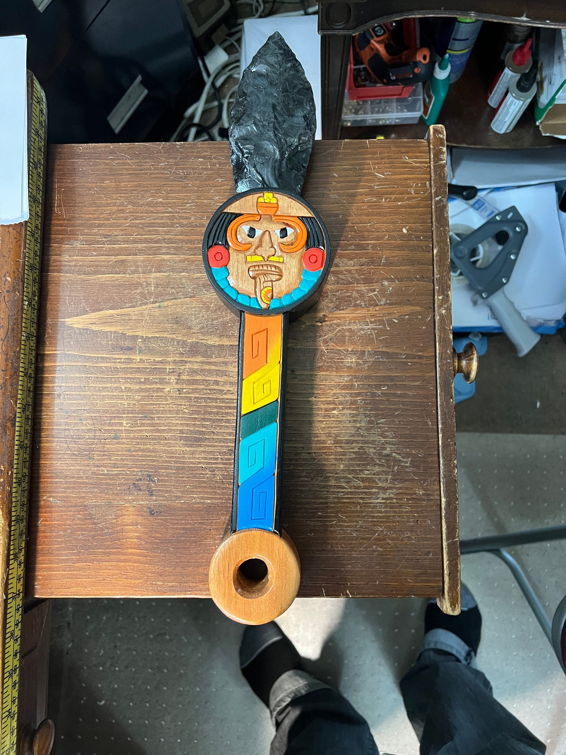 Aztec Sacrificial Dagger, Tonatiuh Ometeotl Ancient Weapons of Meso-America, Replic Mexica Knife, Wood and Obsidian 16.5"