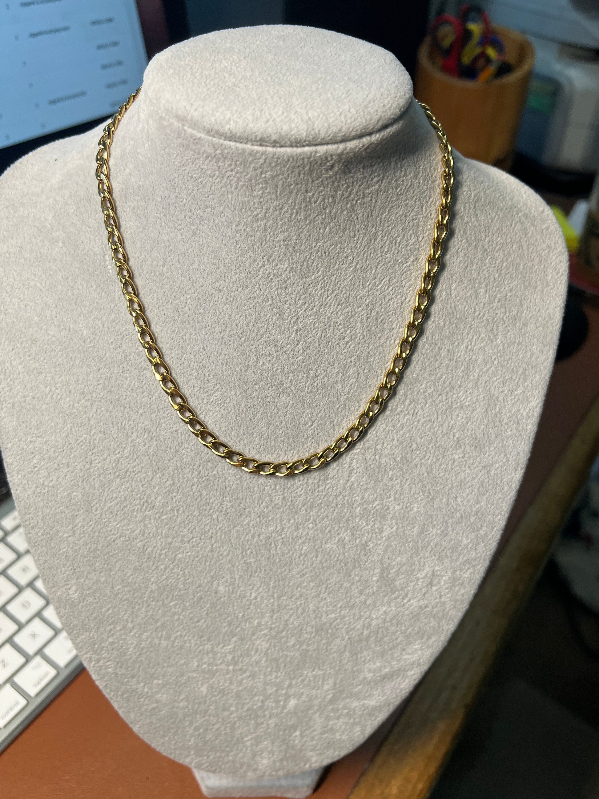 Women's or Child's Chain Necklace, Gold Tone Steel Alloy, 16", 5mm, Cuban Link (#9)