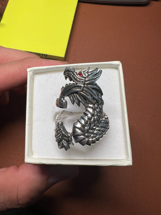 Quetzalcoatl Aztec Feathered Serpent Tongue Version or Kukulkan Mayan Plumbed Serpent Rings, Dragons, Sterling Silver (#3)