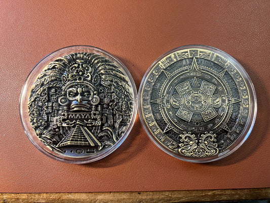Maya and Aztec Medallion, Bronze Color Alloy Doubloon, Double Sided, Paper Weight, Souvenir Mexico, Cancun (#12)