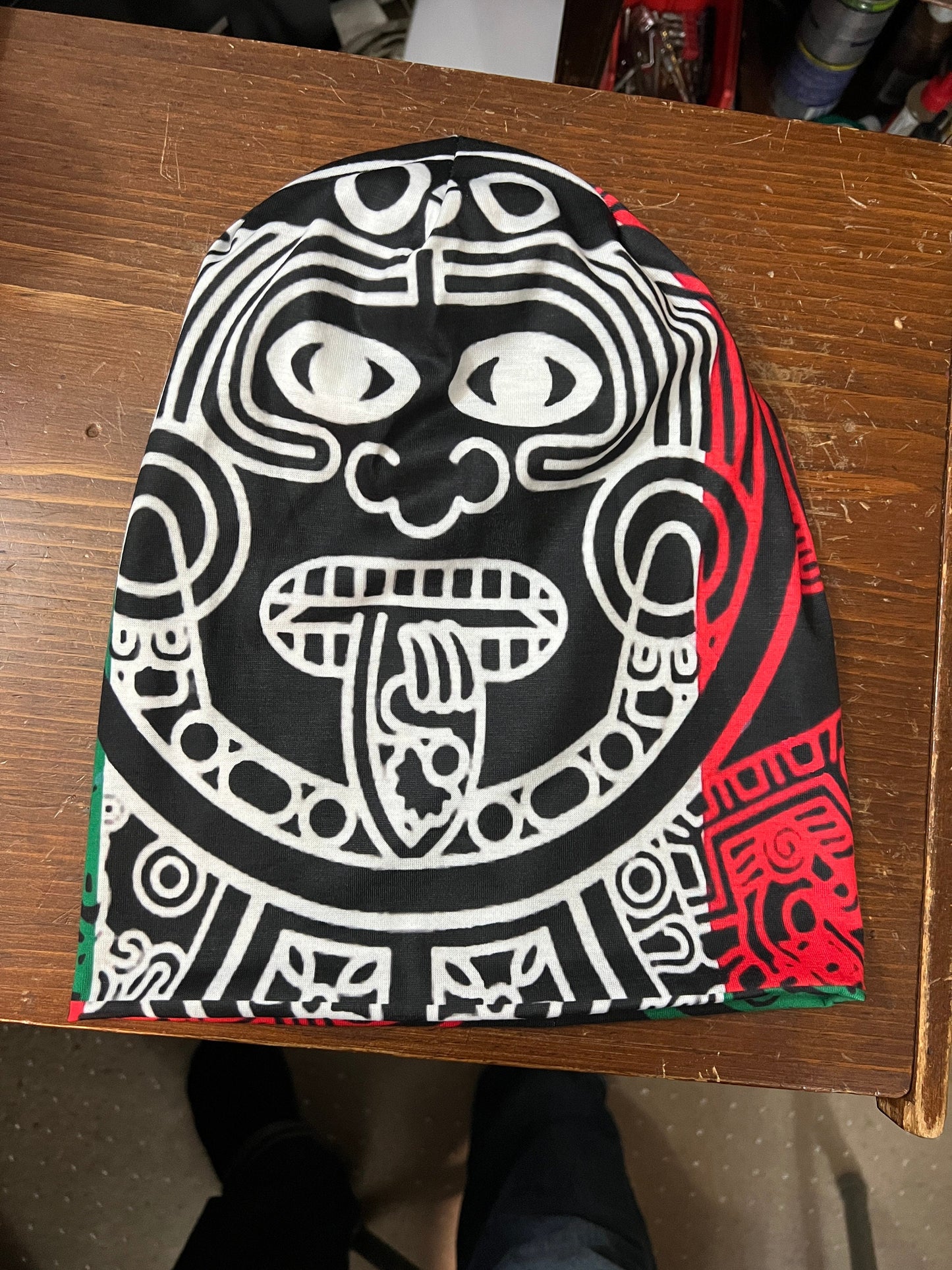 Beanie, Aztec Tonatiuh Calendar Face God, Mexican Flag colors, One Adult Size