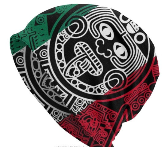 Beanie, Aztec Tonatiuh Calendar Face God, Mexican Flag colors, One Adult Size