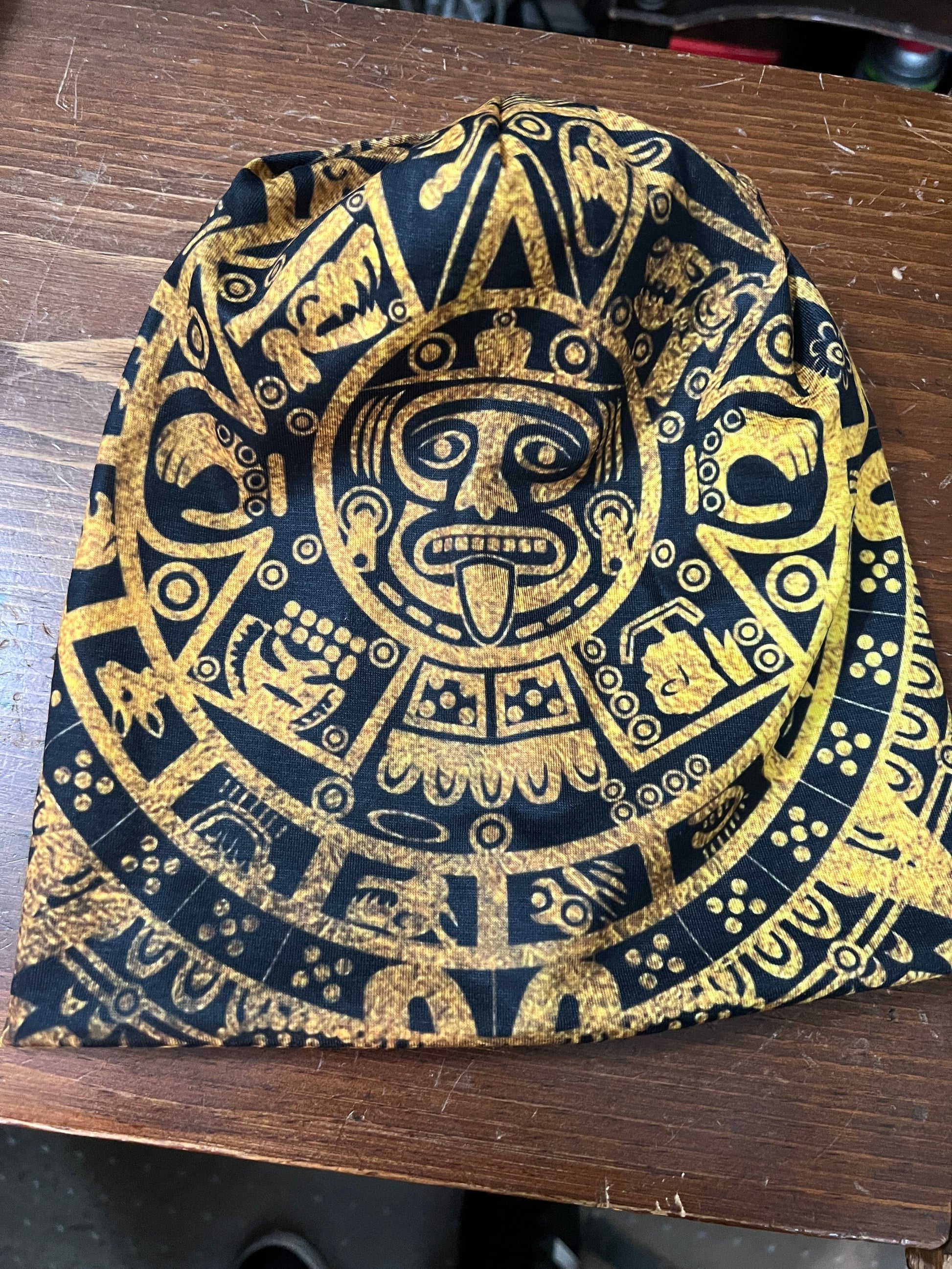 Beanie, Golden Aztec Tonatiuh Calendar Face God, Mexican Flag colors