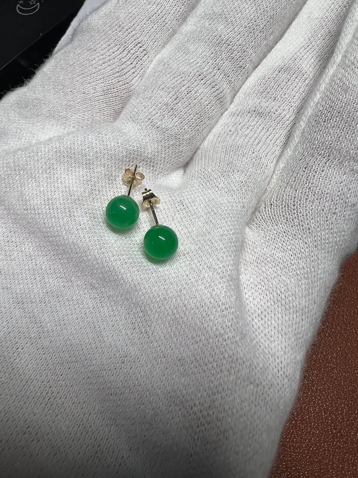 Solid 14K Gold 6mm Green Jade Ball Stud Earrings For Women (#9)