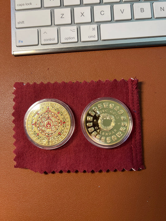 Aztec Gold Calendar Souvenir, Token, Medallion, Doubloon, ft. Tonatiuh, Ollin, and Quetzalcoatl the Feathered Serpent (#12)