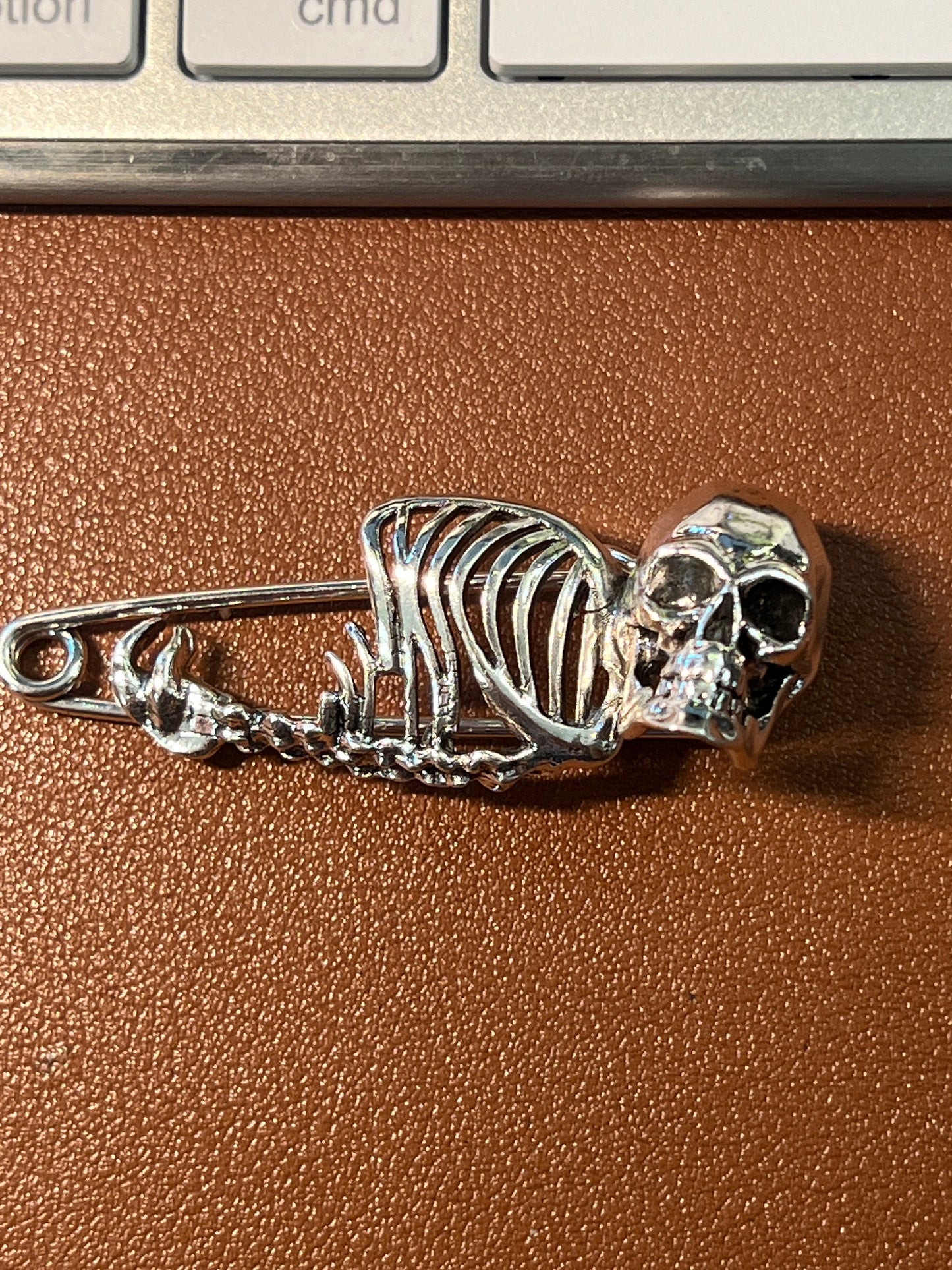 Skeleton Pin, Skull, Chrome, Safety Pins, Gothic, Punk, Death Metal, 2" (#7)