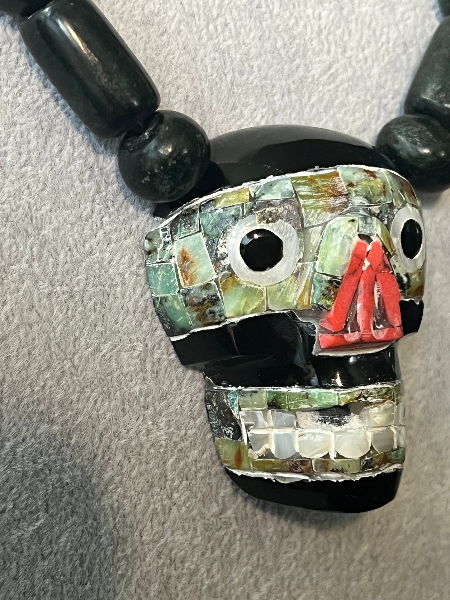 Tezcatlipoca Obsidian, Venturina, Red Coral, Mother of Pearl and Jade Necklace, Aztec Skull, Mexica, Artifact Replicas, handmade (#C)