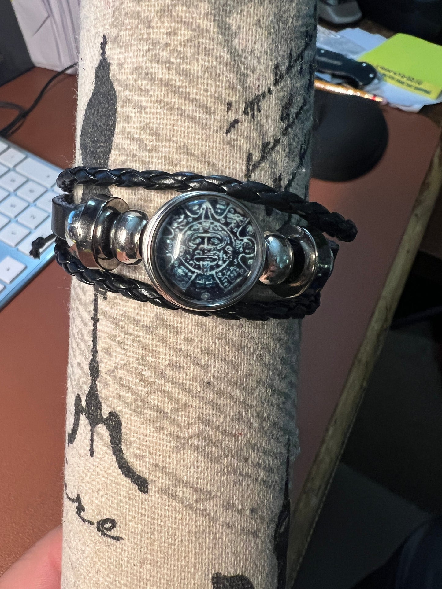 Aztec Calendar Bracelet, braided leather, silver tone adornments, adjustable, handmade from Mexico (#4)