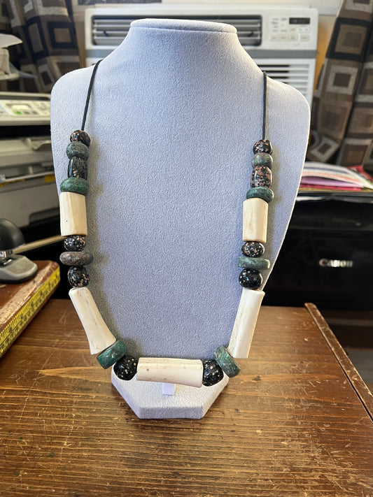 Indigenous Tribal Necklace made with stones from Mexico, crisocola, Caledonia, huesos deer bones, adjustable (#13)