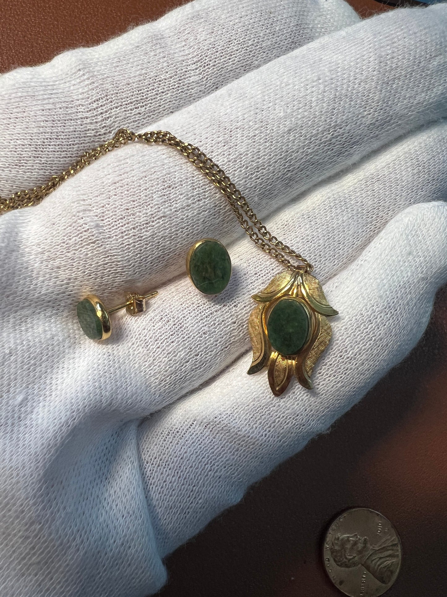 Vintage Van Dell Genuine Jade 12kt Gold Filled Jewelry Set Earrings & Necklace (#12)