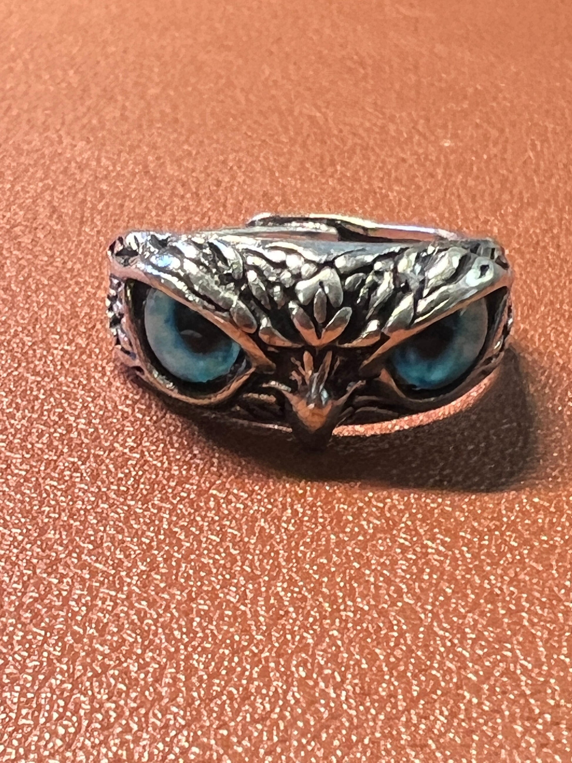 Owl Ring, 925, size 9 to 10, silver, blue eyes, Native American #9