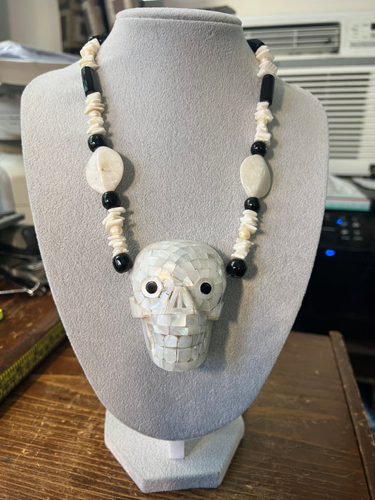 Large Heavy Aztec Skull Mictlantecuitli Necklace, Mother of Pearl, Obsidian, 21" long, rare, handmade, Mexica Indigenous Jewelry (#13)