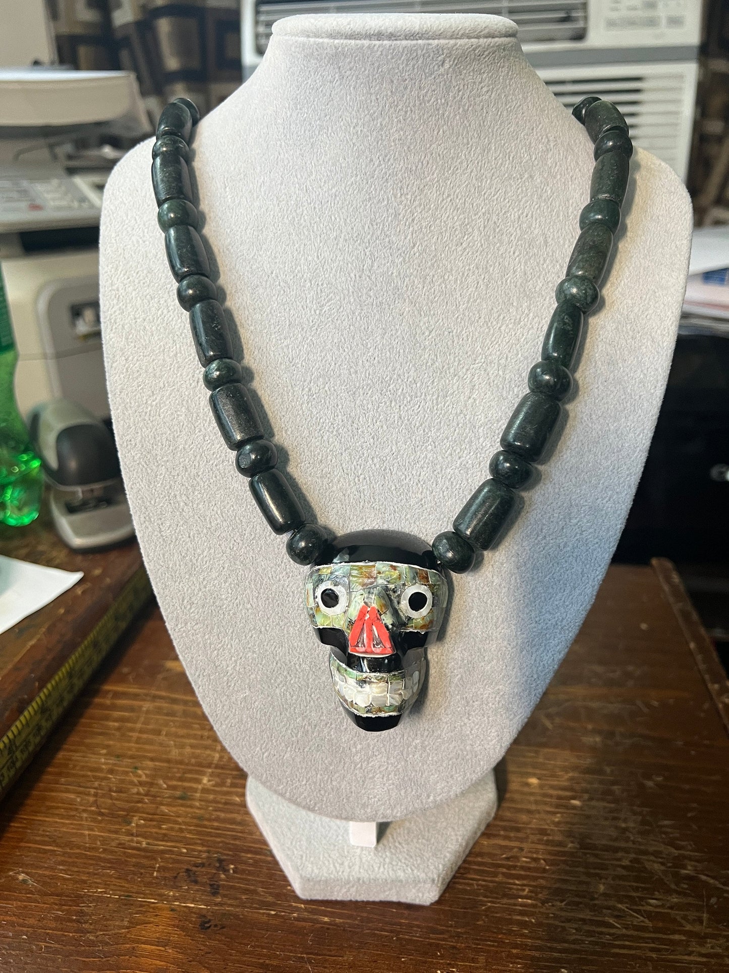 Tezcatlipoca Obsidian, Venturina, Red Coral, Mother of Pearl and Jade Necklace, Aztec Skull, Mexica, Artifact Replicas, handmade (#C)