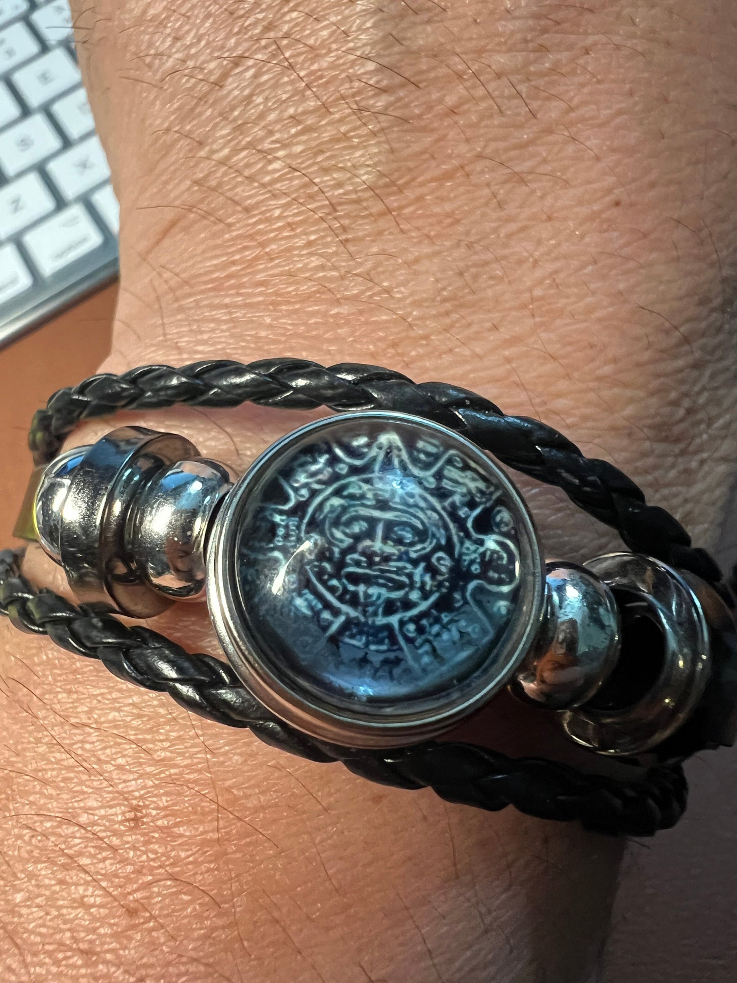 Aztec Calendar Bracelet, braided leather, silver tone adornments, adjustable, handmade from Mexico (#4)