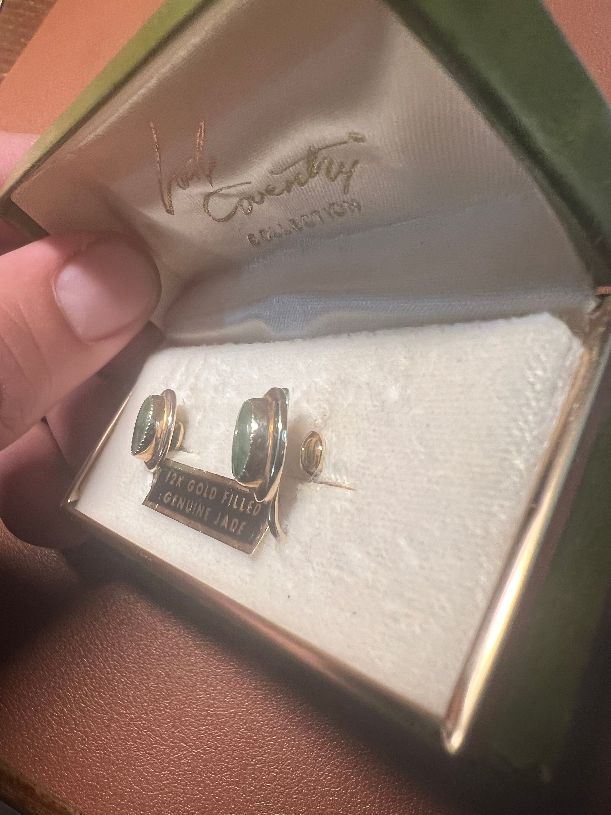 Sarah Coventry Green Jade 12 Kt Gold Filled Screw Back Earrings original Box EUC (#9)